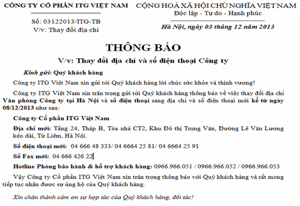 Mẫu thông báo chuyển công ty